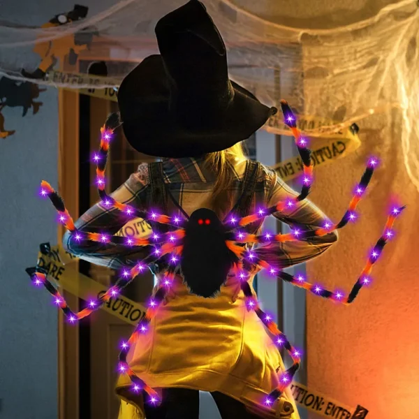 Spaventoso costume da ragno di Halloween 2 in 1 LED per cosplay, costume da zaino da ragno in peluche con luce viola 2