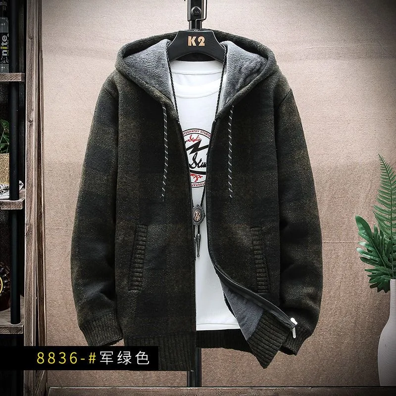 Moda uomo autunno inverno maglione scozzese cappotto freddo con cappuccio uomo casual cappotto giacca lavorata a maglia superiore caldo in pile con cerniera di alta qualità 5