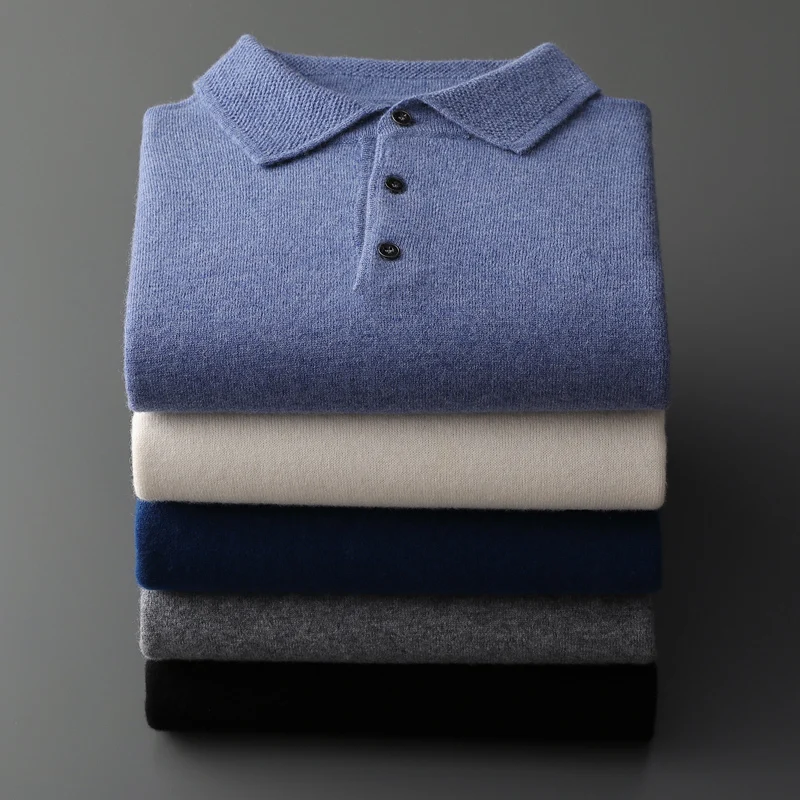2025 Autunno E Inverno da uomo 100% Merino Pura Lana Maglione Lavorato a Maglia da Uomo Business Casual Lavorato a Maglia Polo Collare Pullover Top YJ1815 4