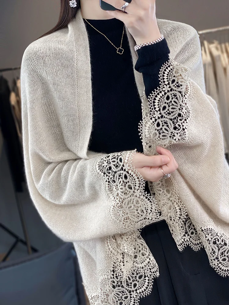 Nuove donne 100% lana merino cardigan sottile morbido cashmere maglieria pizzo mantello grazia morbido scialle sciarpa primavera autunno top abbigliamento 2