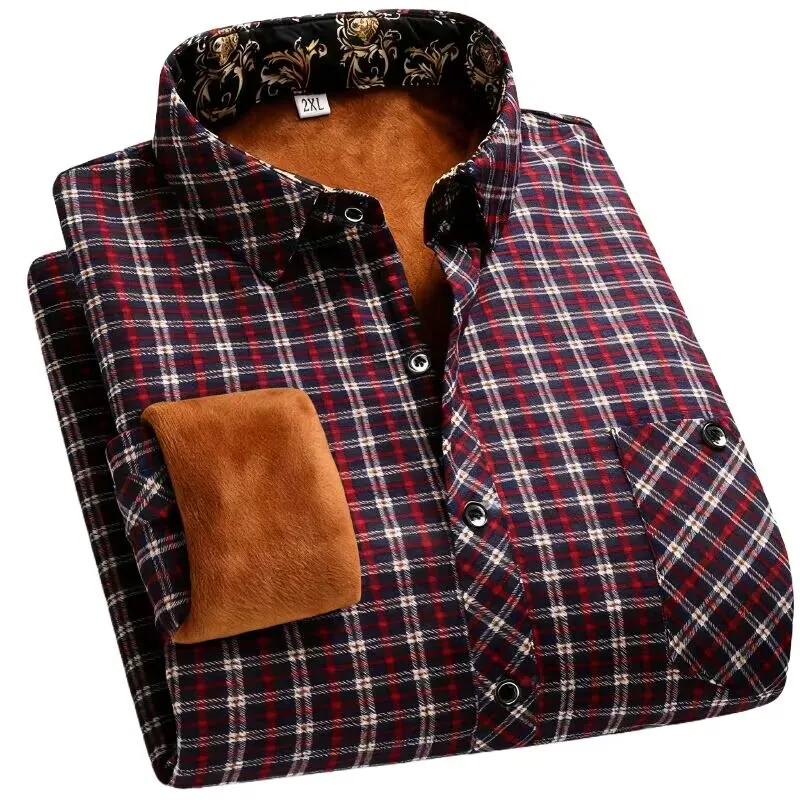 Camicia invernale da uomo 2025 Camicia da papà in flanella scozzese calda spessa foderata in pile per uomo maturo Camicia casual a maniche lunghe con colletto rovesciato 1