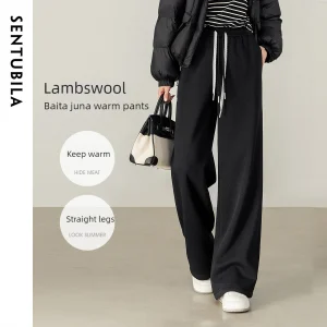 SENTUBILA Pantalone dritto da donna 2025 Foderato in pile invernale Pantaloni termici con coulisse in vita Pantaloni morbidi casual 154K80279 1