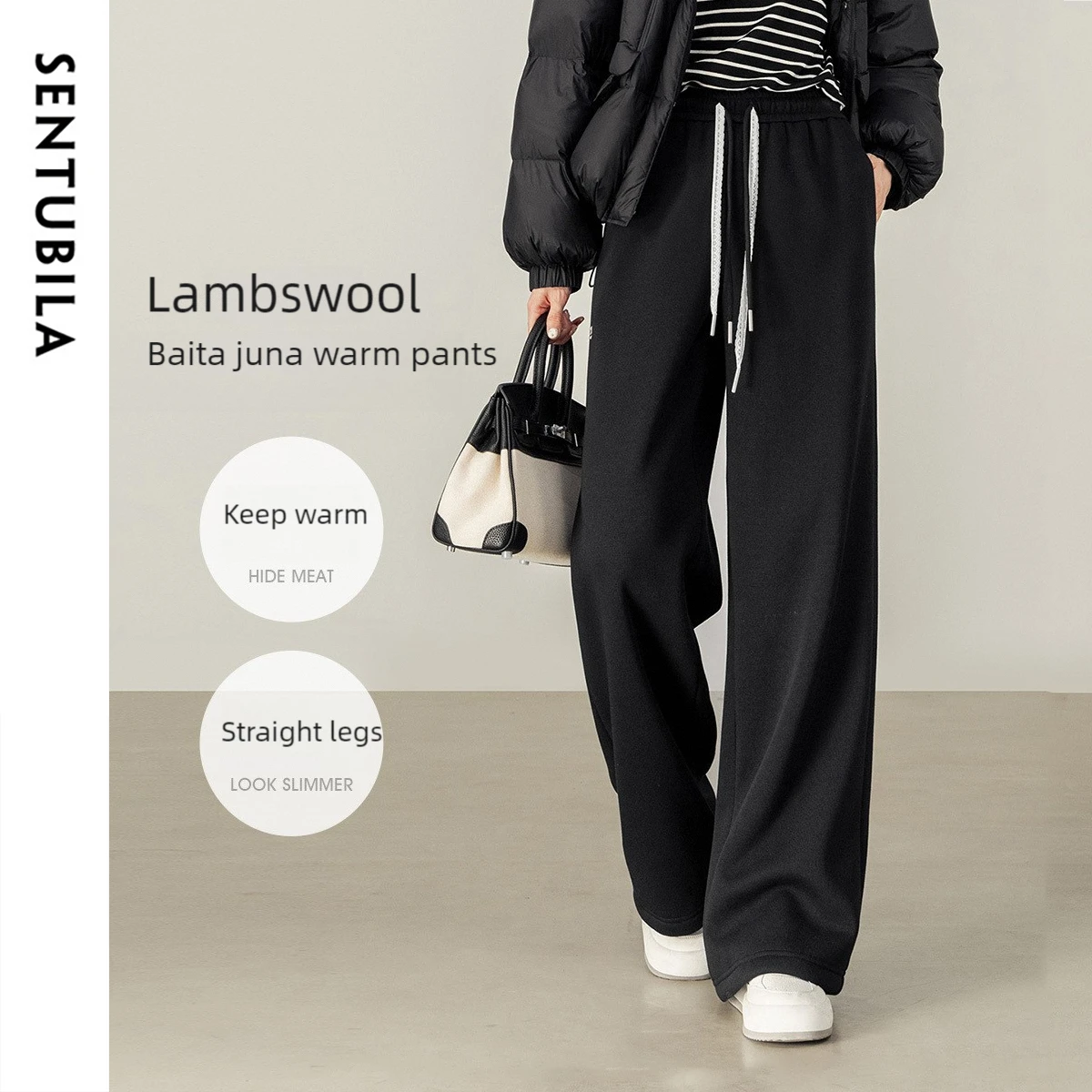 SENTUBILA Pantalone dritto da donna 2025 Foderato in pile invernale Pantaloni termici con coulisse in vita Pantaloni morbidi casual 154K80279 1