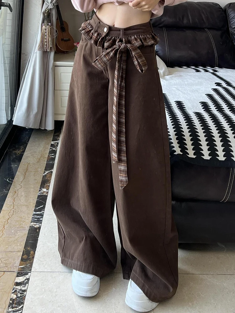 Jeans patchwork con fiocco vintage donna streetwear pantaloni in denim scozzesi larghi a vita alta Y2K pantaloni a gamba larga con cerniera coreana retrò nuovo 3