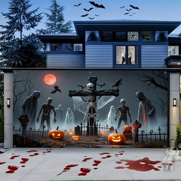 VIKAMA Bandiera da garage in poliestere a tema Halloween - Design con teschio horror, zucca, pipistrello e teschio, decorazione di Halloween 3