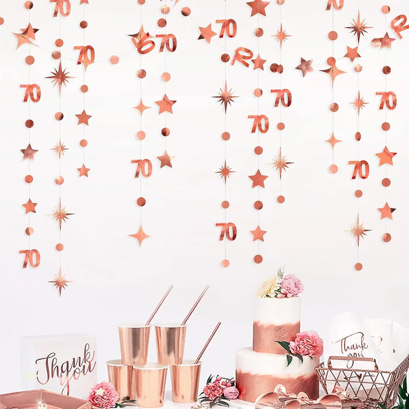 Oro rosa 70th Birthday Banner decorazioni numero 70 Circle Dot Twinkle Star ghirlande fondale appeso per la 70th Birthday Party 3