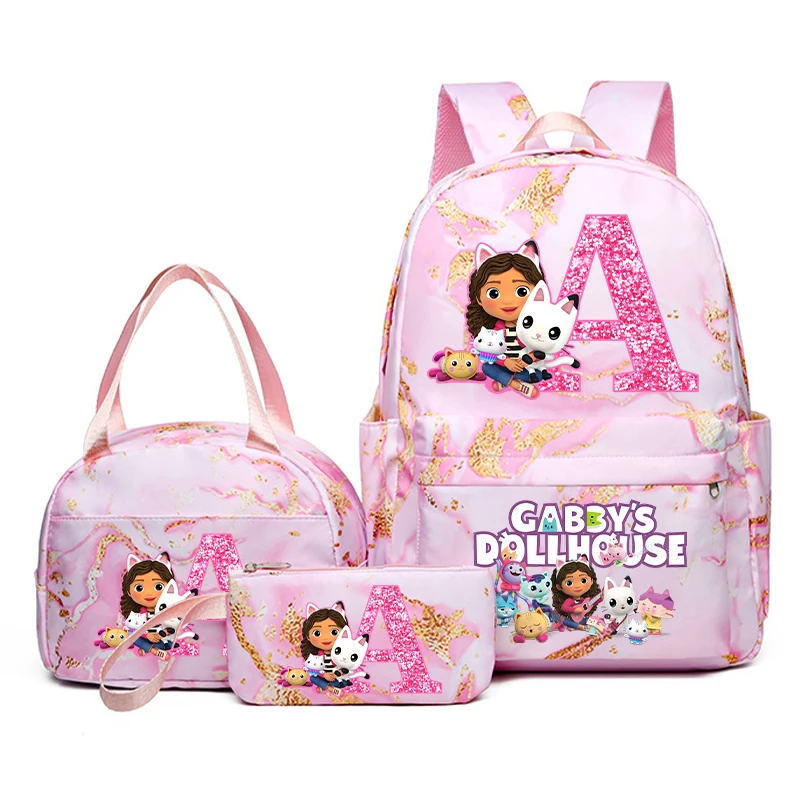 3 pezzi Gabby Dollhouses Zaino per bambini Astuccio per matite Borsa da scuola per lettere di cartoni animati Kawaii Zaino per ragazze di grande capacità Regali di compleanno 2