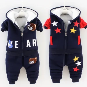 Baby PlushThickened Set Orso cartone animato Giacca con cerniera con cappuccio + Pantaloni 2 pezzi Vestito Abbigliamento per bambini Autunno Inverno Ragazzi Set di cotone 0-5 anni 1