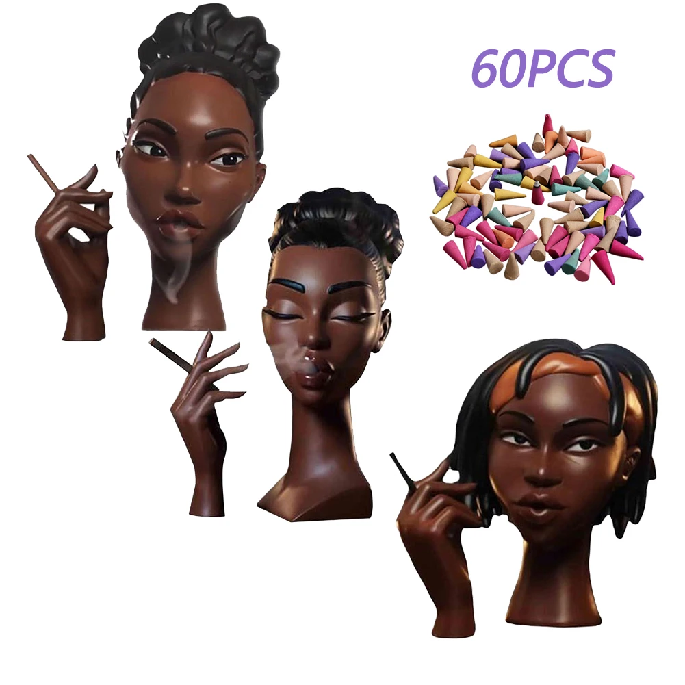 NUOVO bruciatore di incenso testa porta incenso in resina per viso da donna nera con 60 coni di incenso per camera da letto ufficio casa 1