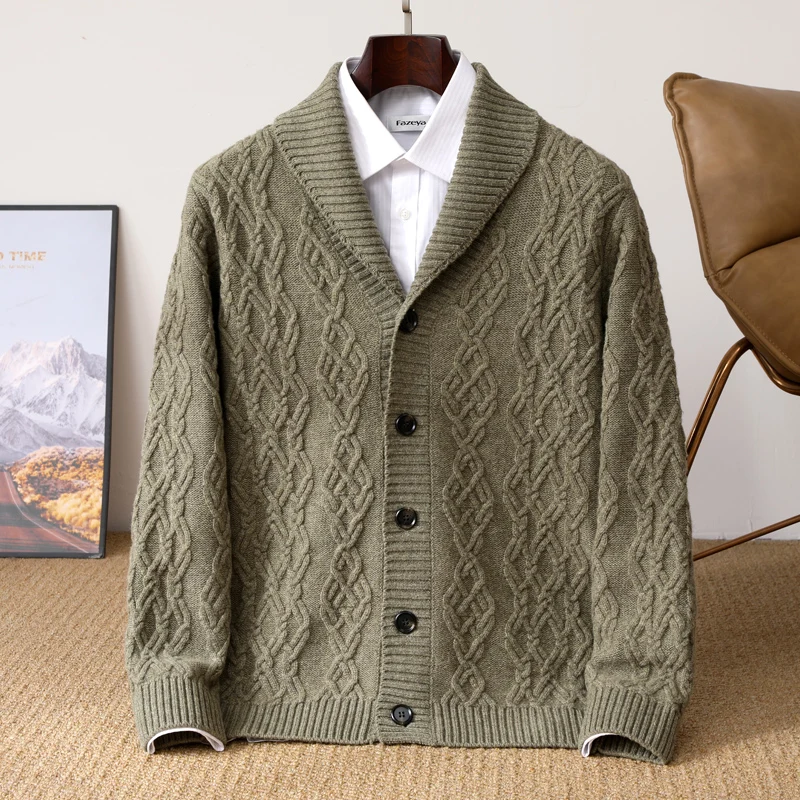 2025 Autunno Inverno Nuovo Cinque Aghi di Spessore 100% Maglione di Lana Merino da Uomo Risvolto Cardigan in Maglia Business Casual Camicia Calda Menswear 1