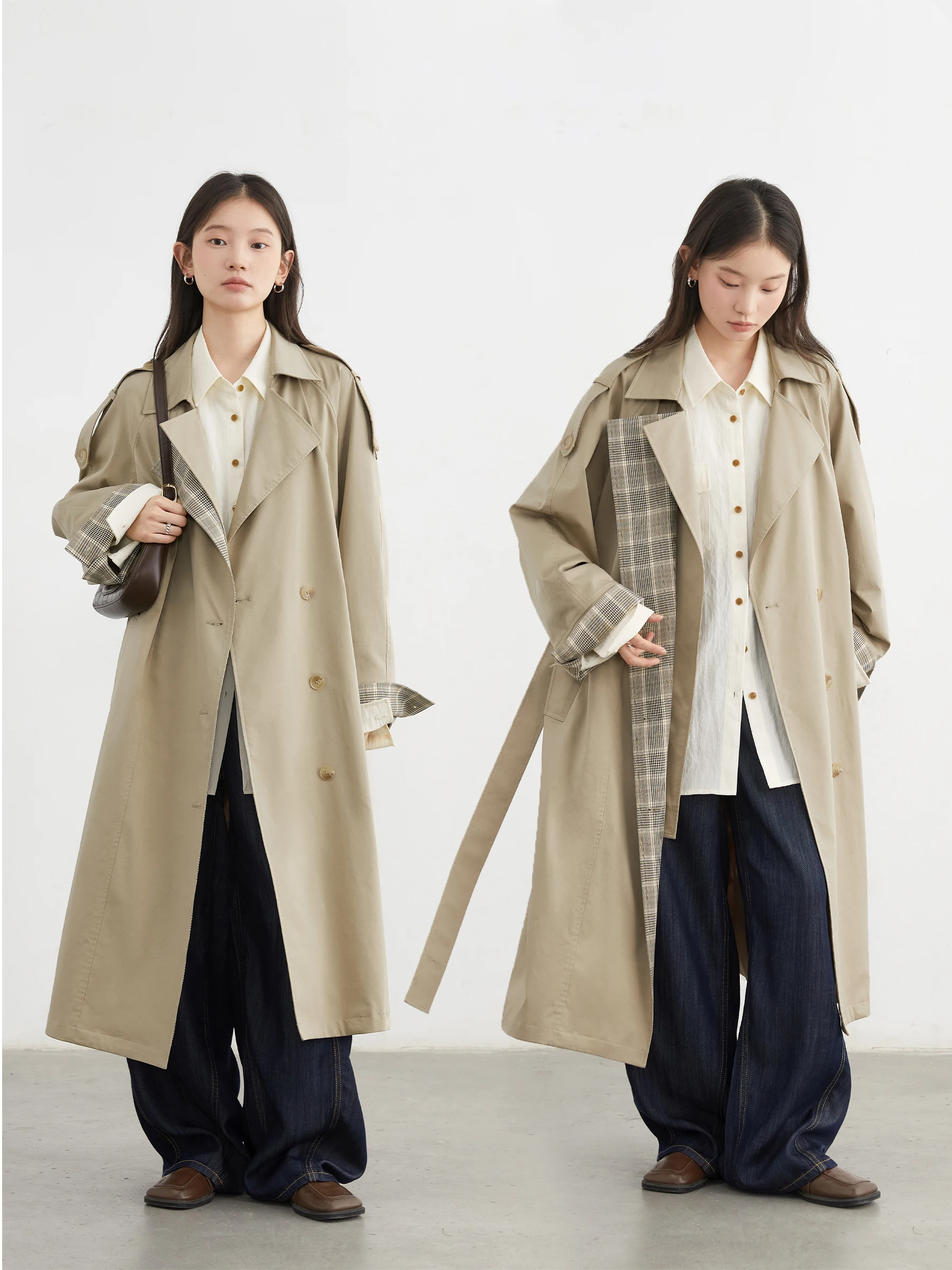 CHIC VEN Moda Donna Trench lungo Allentato Casual Plaid Giacca a vento femminile Donna Cappotto Primavera Autunno 2025 Abbigliamento 3