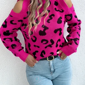 Top da donna con stampa leopardata con spalle scoperte 2025 Maglioni lavorati a maglia a maniche lunghe con lanterna a collo alto casual per l'autunno inverno rosa kaki 1