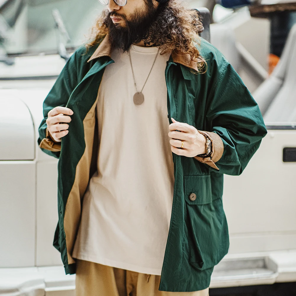 Maden Giacca Safari multitasche retrò da uomo Cappotto classico in velluto a coste allentato verde Capispalla versatile per la primavera e l'autunno 3