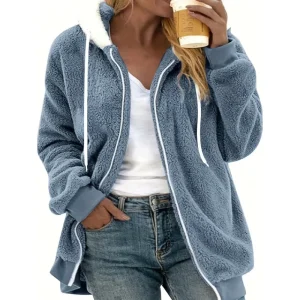 Plus Size Inverno Nuovo allentato con cerniera con cappuccio Giacca lunga in peluche Color Block Capispalla Cappotto femminile taglie forti Comodo caldo Casua... 1