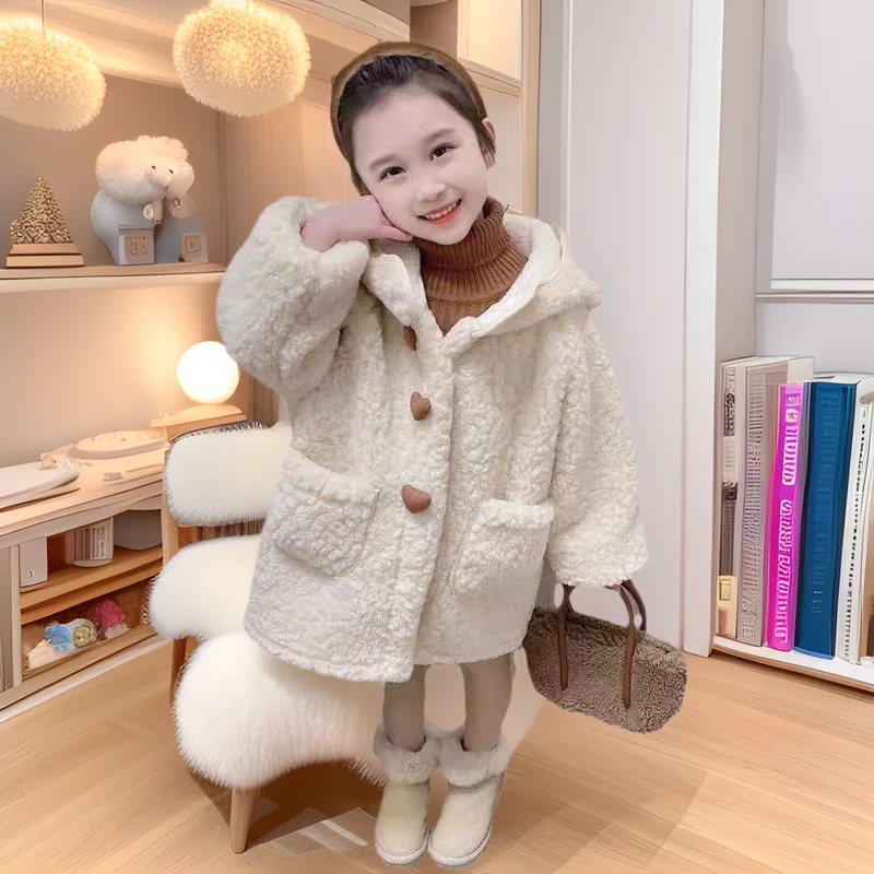 Giacca invernale in lana di cashmere per ragazze nuove tinta unita spessa calda monopetto cappotto con cappuccio per 4-10 anni capispalla moda per bambini 1