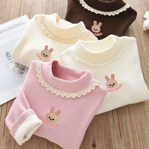 1pcs Children's T-Shirts Rabbit Embroidery Velvet warm top Kids Half High Collar Long Sleeve Base Shirt Girls Tshirts Clothes 1