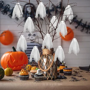 1/12 pezziDecorazione da appendere in garza fantasma galleggiante - Swag per portico con finestra di Halloween carino e spettrale 1