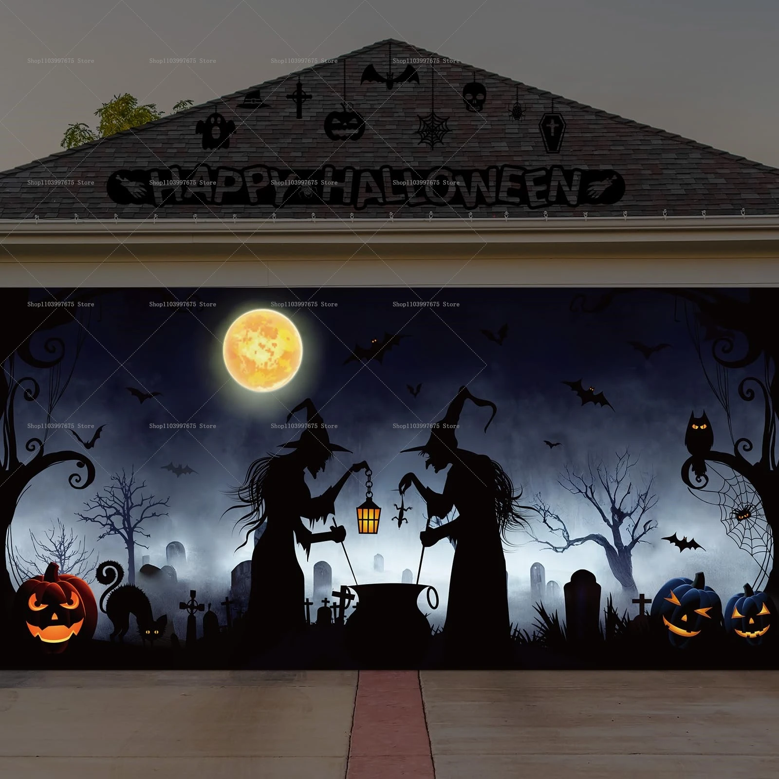 Halloween Strega Zucca Porta del garage Banner Decorazione Fondale fotografico Pareti esterne Eventi Sfondo Puntelli Forniture per feste 3