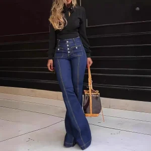 Jeans slim fit con fondo a campana a vita alta con giunture Pantaloni lunghi da donna alla moda taglie forti Pantaloni lunghi da ragazza sexy Denim casual 1