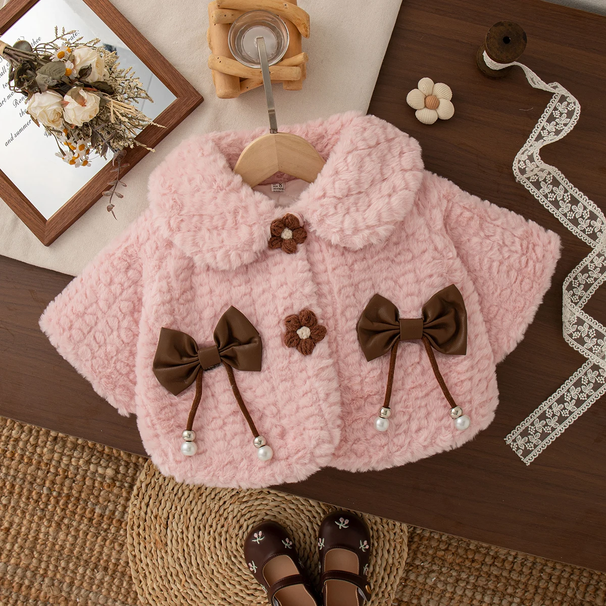 Nuovo cappotto invernale per bambina con fiocco marrone dolce, abbigliamento per bambini antivento e caldo adatto ai bambini dai 9 mesi ai 3 anni 1