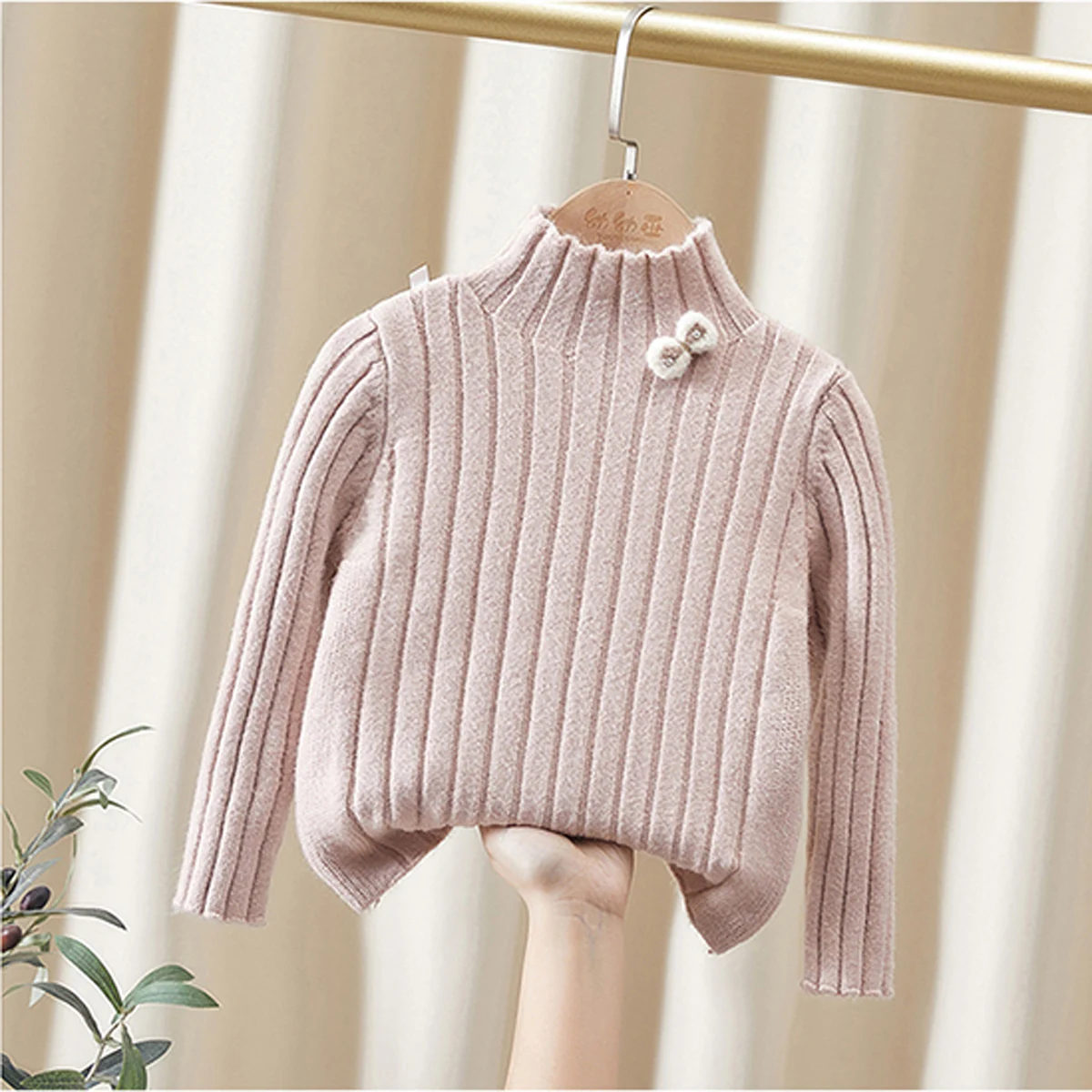 Abiti invernali per bambini e ragazze, pullover lavorato a maglia con fiocco caldo, top per bambini, maglione T-shirt slim fit con ago piatto in stoffa per ragazze 4