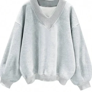 【Taglia Plus】 Felpa pullover con scollo a V con spalle scoperte tinta unita, pullover casual a maniche lunghe per l'autunno e l'inverno, abbigliamento da donna 1