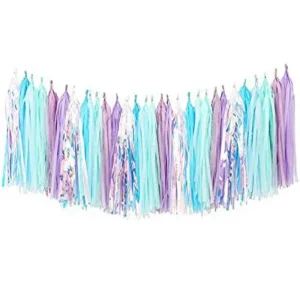 Viola Blu Sirena iridescente Carta velina Nappe Ghirlanda Stelle filanti Banner appeso per decorazioni da appendere al tavolo da festa a sirena 1