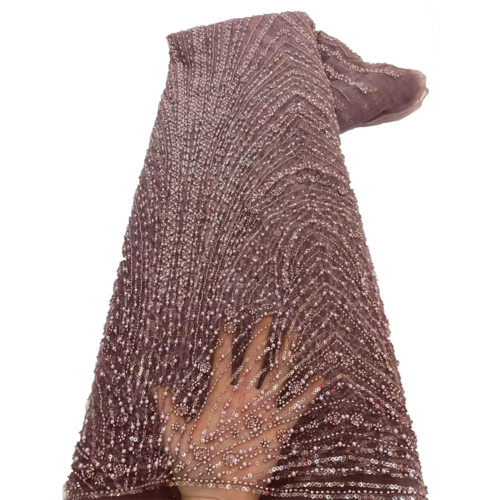 Abito da sposa da donna in tessuto di pizzo con perline fatto a mano in oro africano di alta qualità 2025 cucito con paillettes ricamo tessuto di pizzo nigreiano 5