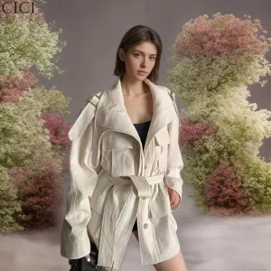 CiCi 2025 Trench da donna nuovo con cintura con cravatta Cappotto lungo chic per la stagione autunno inverno Poliestere misto rayon Abbigliamento quotidiano 1