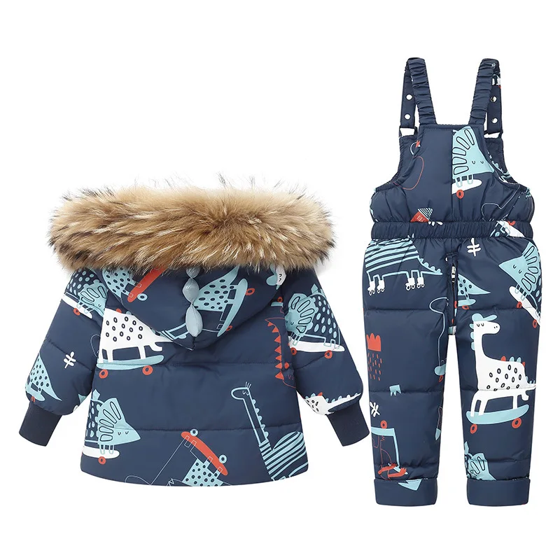 Piumino caldo invernale per bambini Parka Boy Salopette per bambini Vestiti per bambina per bambini Set di abbigliamento per dinosauri per bambini Cappotto con cappuccio Tuta da neve 5