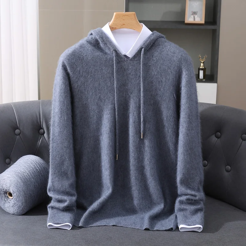 Maglione con cappuccio da uomo autunno inverno 100% maglione di cashmere visone pullover lavorato a maglia casual top lavorato a maglia allentato tinta unita a maniche lunghe 4