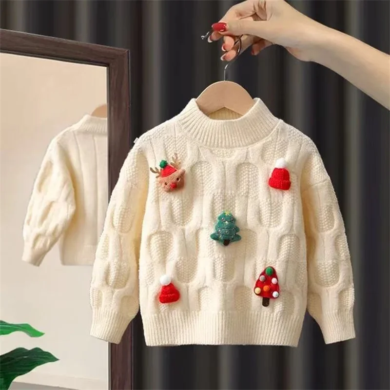 Maglione da ragazza di Natale Nuovo cartone animato per bambini Maglione caldo Bambini Autunno Inverno Maglieria Pullover Abbigliamento spesso per bambini 2-8 anni 2