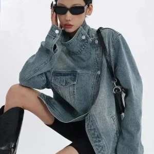 SHENGPALAE Cappotto di jeans da donna di moda dolcevita monopetto manica intera patchwork versatile giacca autunno 2023 nuovo 5R4436 1