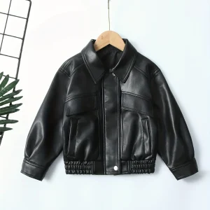 Giacche in pelle PU per bambina, cappotti stile motociclistico con cerniera e colletto tinta unita casual, stagione primaverile/autunno 1