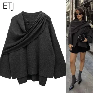ETJ 2025 autunno e inverno nuove signore eleganti calde versione allentata della giacca cardigan in maglia scialle moda sciarpa lavorata a maglia 1