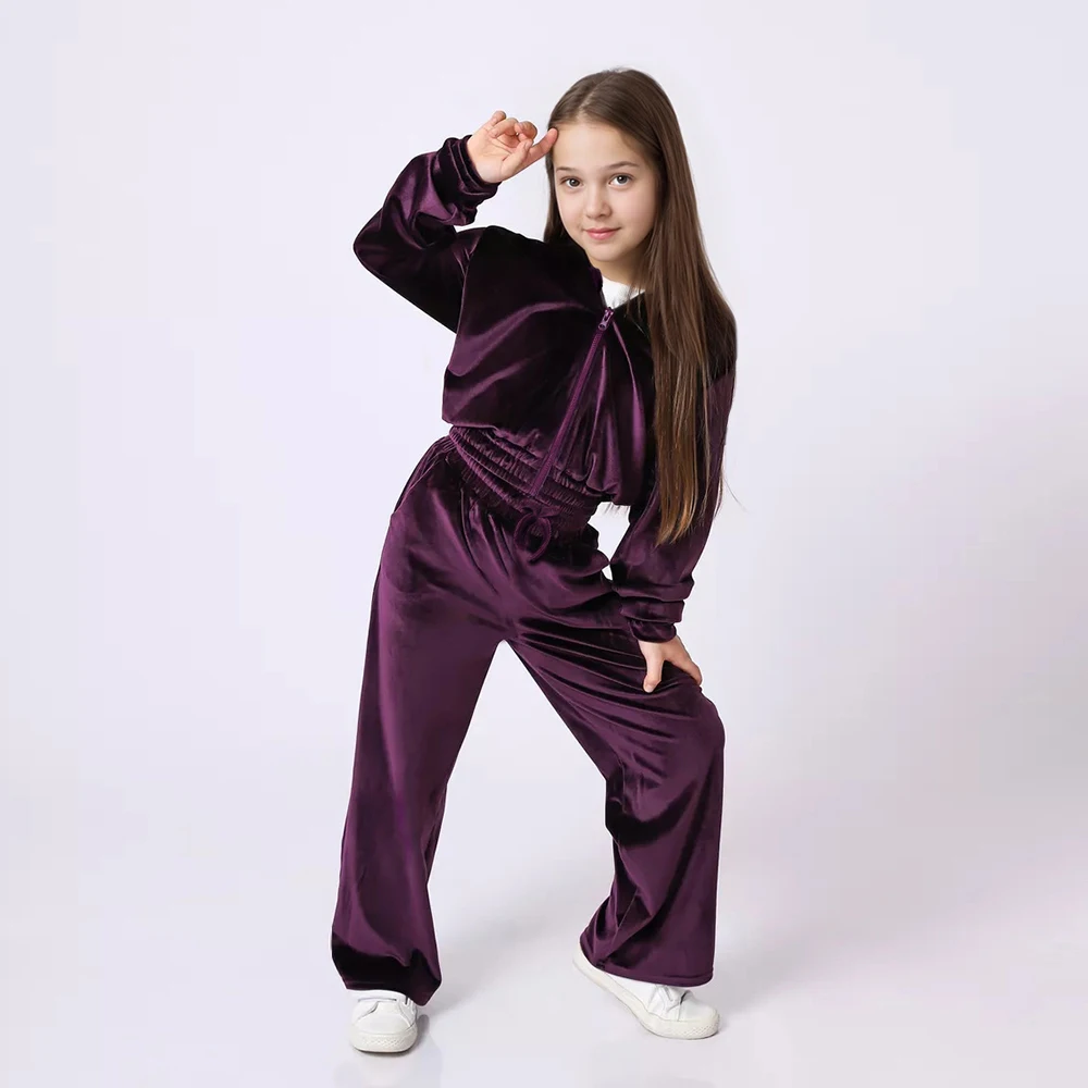 2 pezzi 2025 moda bambini ragazze velluto tuta bambino cerniera up giacche con cappuccio cappotto + pantaloni set inverno bambini tute abiti 2