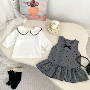 2025 Nuova Primavera 0-5 Anni Abbigliamento per Bambini Vestito Infantile Neonate Abbigliamento Set Pullover in Cotone a Maniche Lunghe + Abito Stampato Senza Maniche 1