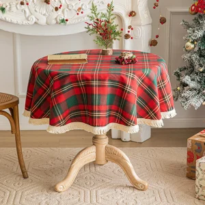 Vintage Christmas Tablecloth Scottish Red and Green Christmas Tablecloth New Year's Decoration Round Tablecloths for Home Dining Room 1