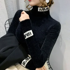 Autunno Inverno Nuovi maglioni con stampa di lettere Manica lunga Collo alto Tinta unita Slim Pullover giovanili Abbigliamento donna moda elegante 1