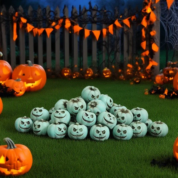 20 pezzi/modello di statua in resina di zucca verde - ornamento di testa di teschio di puntello di Halloween - decorazione di ceramica succulenta - regalo di festa 3