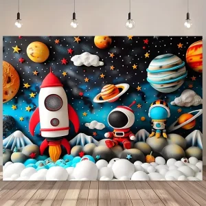 Sfondi di cartone animato astronauta spazio esterno pianeta per fotografie Decorazioni per feste di compleanno per bambini Sfondo per baby shower Puntelli per cabine fotografiche 1