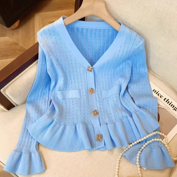 YuooMuoo Cardigan da donna 2025 Autunno Bottoni di lusso Scollo a V Vita sottile Increspato Top in maglia Chic Fashion Lady Maglioni Camicie 1