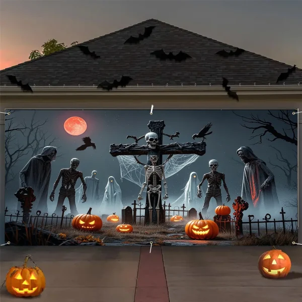 VIKAMA Bandiera da garage in poliestere a tema Halloween - Design con teschio horror, zucca, pipistrello e teschio, decorazione di Halloween 1