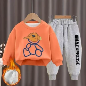 Abbigliamento per bambini ragazzi e ragazze autunno foderato in pile Top e pantaloni 2 pezzi set adolescente ragazzo e ragazza inverno cartone animato orso tuta Outfit 1