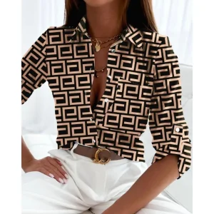 Camicia a maniche lunghe da pendolare da donna primavera/estate Camicia casual da vacanza con risvolto stampato alla moda Camicia da donna elegante 1
