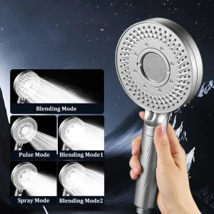 Doccia a pioggia con filtro boost a 5 velocità, soffione doccia portatile a pannello grande, accessori per il bagno super resistenti 1