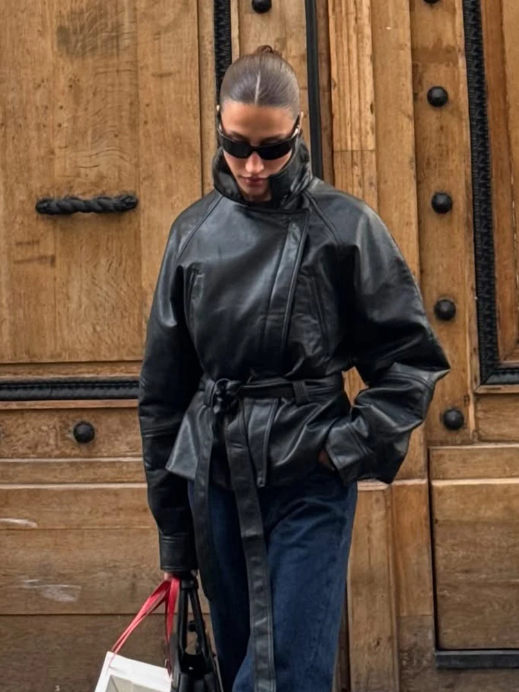 HH moda donna risvolto solido maniche lunghe cappotti larghi casual donna autunno cintura asimmetrica con cerniera decorare giacca corta da strada 6