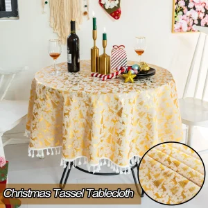 Tovaglia con nappa natalizia Ins Albero di Natale Tovaglia rotonda con cervo dorato Tovaglia da salotto per tavolino Puntelli per la decorazione della casa 1