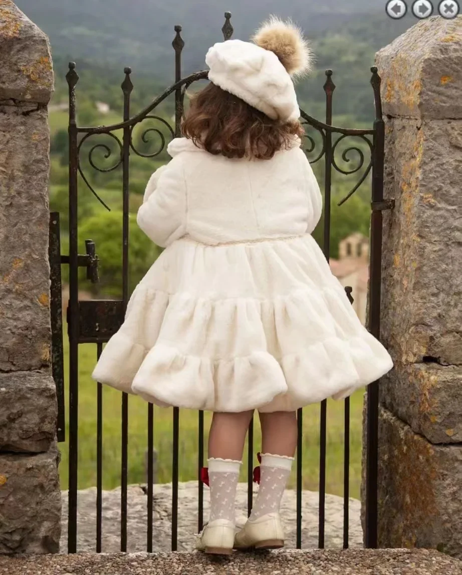 1-12Y neonata autunno inverno rosa pelliccia bianca palazzo Inghilterra spagnolo velluto rosso principessa cappotto di lana per Casual Eied C53 2