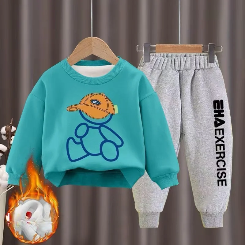 Abbigliamento per bambini ragazzi e ragazze autunno foderato in pile Top e pantaloni 2 pezzi set adolescente ragazzo e ragazza inverno cartone animato orso tuta Outfit 5